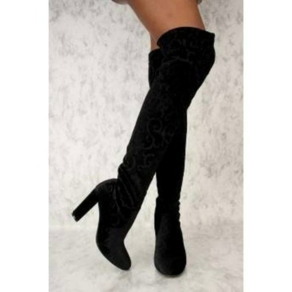 Black embroidered over the knee boots chunky block heel velvet - Picture 8 of 8